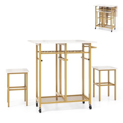 COSTWAY Esstisch Set 3 teilig, Ausziehbarer Küchentisch auf Rollen mit 2 Stühlen, Essgruppe mit 6 Flaschen Weinregal & Regalen & Griff, Klappbarer Esszimmertisch für kleinen Raum(Weiß + Gold) von COSTWAY