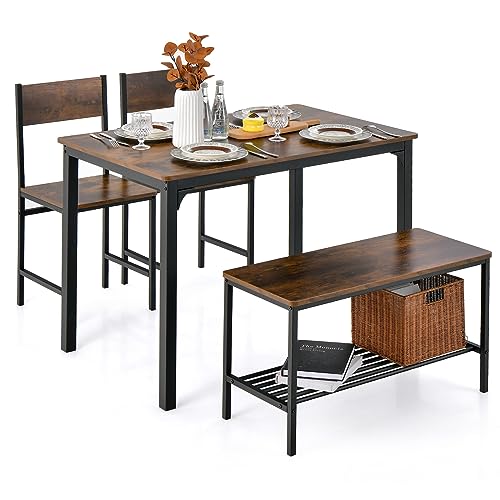 COSTWAY Esstisch Set 4-teilig, Küchentisch mit 2 Stühlen & 1 Bank & Regal, Essgruppe Sitzgruppe Industrie, Esszimmertisch Metallrahmen, Bartisch Set für Küche & Esszimmer (Vintagebraun) von COSTWAY