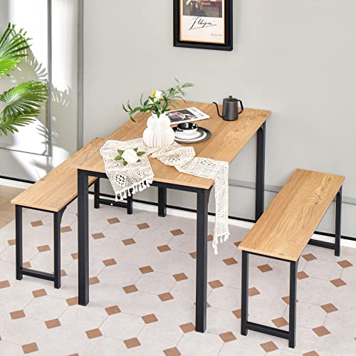 COSTWAY Esstisch mit 2 Bänken, Essgruppe 3er-Set, 110 x 70cm Küchentisch für 4 Personen, Esszimmertisch mit rostfreiem Metallrahmen, Sitzgruppe für Küche, Wohnzimmer, Esszimmer (Natur) von COSTWAY