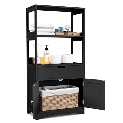 COSTWAY Freistehender Badezimmerschrank, Hochschrank für Bad mit 2 Türen & 3 offenen Regalen & Schublade, moderner Mehrzweckschrank Küchenschrank für Bad Küche Wohnzimmer (Schwarz) von COSTWAY