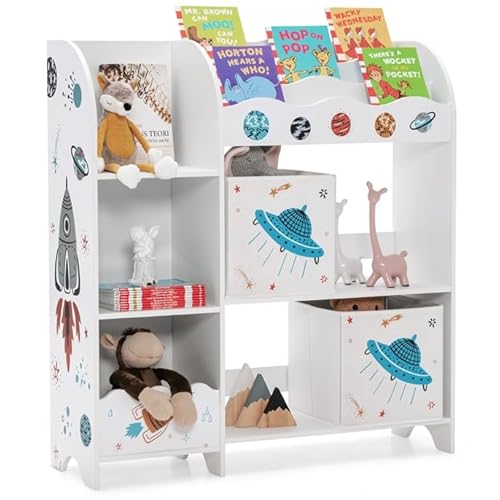 COSTWAY 3-stöckiger Kinderregal, freistehender Kinderzimmerregal mit 5 Fächern & 2 Aufbewahrungsboxen, Bücherregal Spielzeug-Organizer für Kinder, 93 x 30 x 102cm (UFO) von COSTWAY