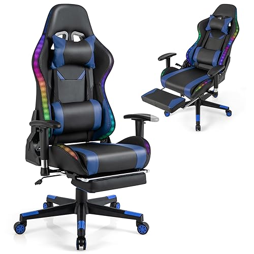 COSTWAY Gaming Stuhl mit RGB-LED-Leuchten und einziehbarer Fußstütze, ergonomischer Bürostuhl mit Verstellbarer Rückenlehne, Armlehne, Lordosenstütze, Computerstuhl, Drehstuhl bis 160 kg belastbar von COSTWAY