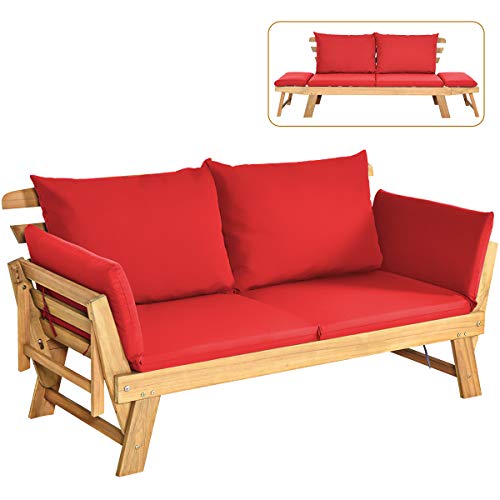 COSTWAY Gartenbank mit Liegefunktion, Gartensofa mit Auflagen und klappbaren Armlehne, Balkonbank aus Holz, Sitzbank für Garten, Terrasse, Balkon, 198 x 75 x 75 cm, Rot von COSTWAY