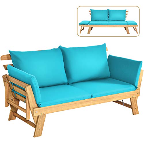 COSTWAY Gartenbank mit Liegefunktion, Gartensofa mit Auflagen und klappbaren Armlehne, Balkonbank aus Holz, Sitzbank für Garten, Terrasse, Balkon, 198 x 75 x 75 cm, Türkis von COSTWAY