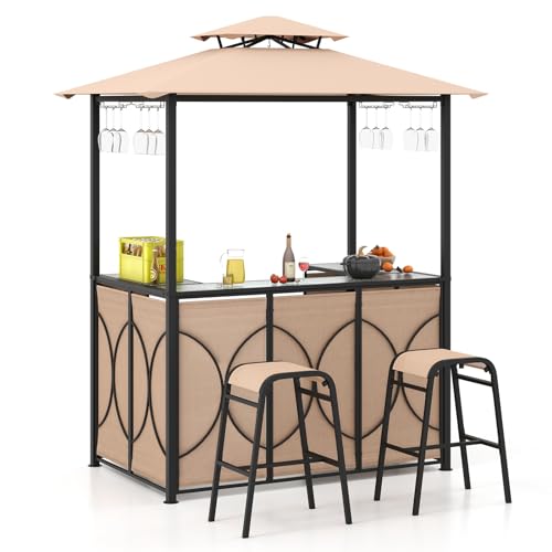 COSTWAY Gartenbar Set, Bartisch mit 2 Barhocker, Metallregalen & Glashalter, Grillpavillon mit Doppeldach, Stehtisch aus gehärtetem Glas, Gartentheke für Terrasse & Garten, Braun COSTWAY Gartenbar Set, Bartisch mit 2 Barhocker, Metallregalen & Glashalter, Grillpavillon mit Doppeldach, Stehtisch aus gehärtetem Glas, Gartentheke für Terrasse & Garten, Braun von COSTWAY