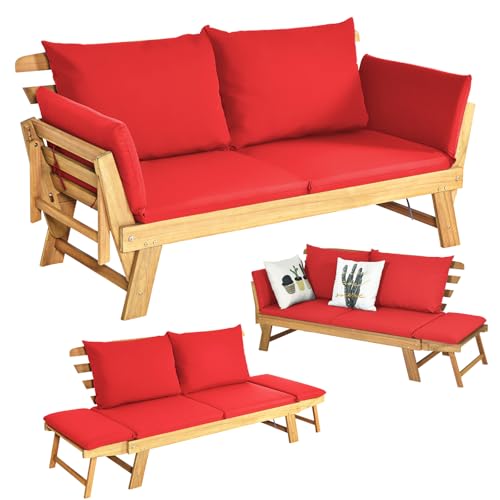 COSTWAY Gartenbett, ausklappbar, 2-Sitzer aus Akazienholz mit Kissen, Gartensofa 2-in-1 mit verstellbarer Armlehne, Belastung 320 kg, für Terrasse, Pool, Hof (rot) von COSTWAY