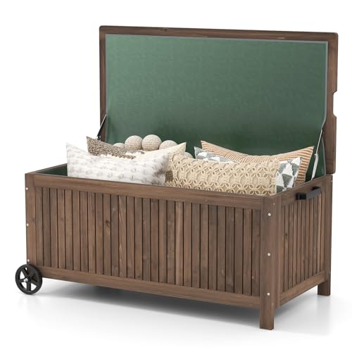 COSTWAY Gartenbox Holz 213 L, Aufbewahrungsbox mit Rädern, Kissenbox mit wasserdichter PE-Auskleidung, Auflagenbox mit Deckel & Griff, für Garten Terrasse, 114 x 58,5 x 51 cm, Braun von COSTWAY