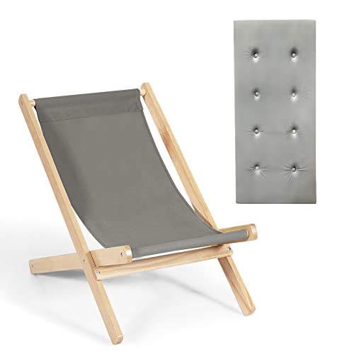 COSTWAY Liegestuhl aus Holz, Relaxliege klappbar, bis 150 kg belastbar, Strandstuhl mit Kissen, Gartenliege Sonnenliege Strandstuhl, Faltliege für Garten Balkon Strand, Grau von COSTWAY
