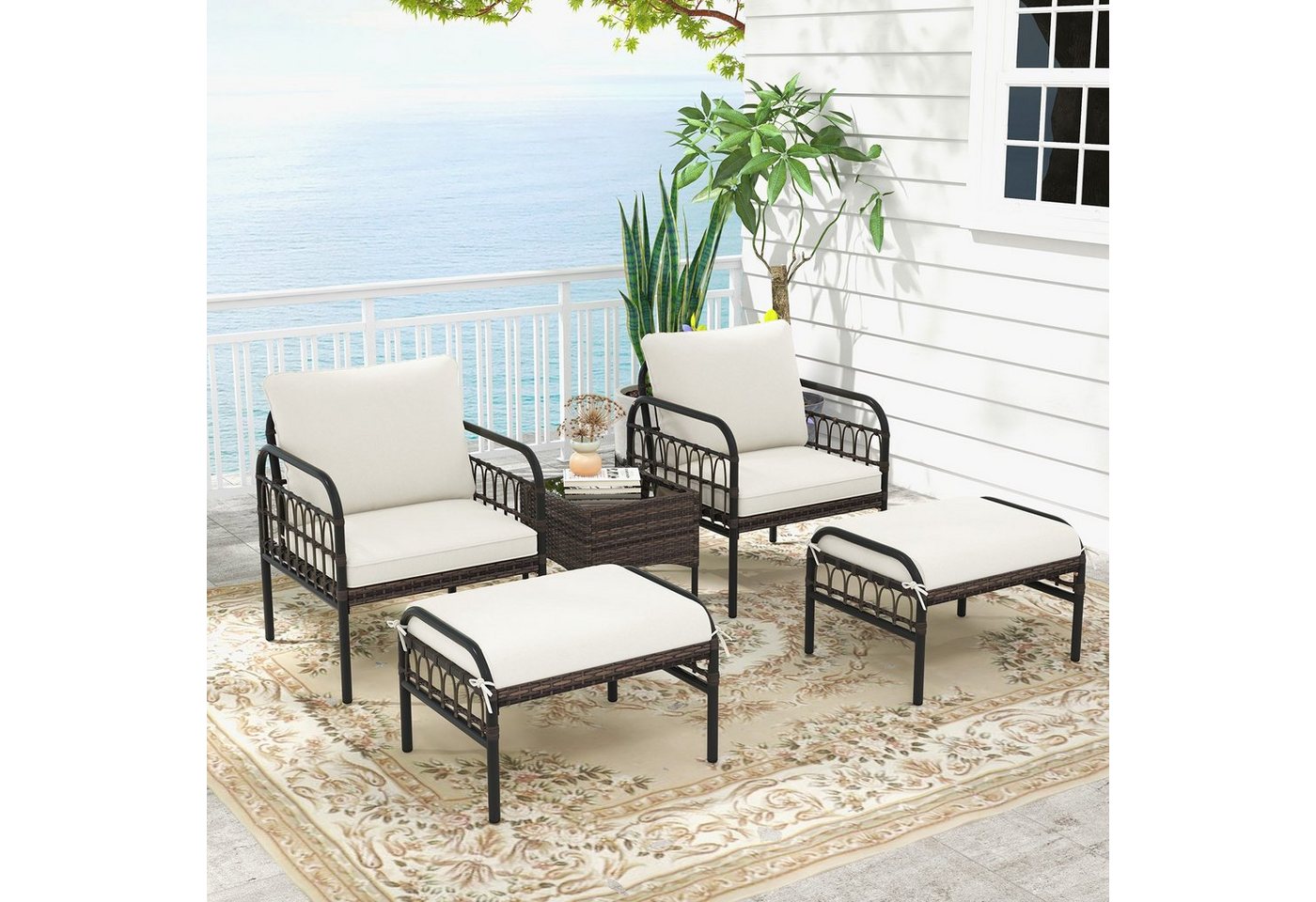 COSTWAY Gartenlounge-Set, (5-tlg), Rattan, mit Kissen&Glastisch, 4 Personen von COSTWAY