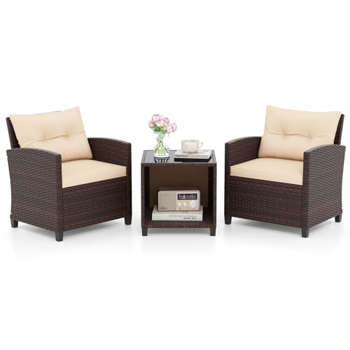 COSTWAY Gartenmöbel-Set aus Polyethylen-Rattan, 3-teilig, 1 Couchtisch mit 2 Ebenen, Platte aus Hartglas und 2 Sessel mit waschbaren Kissen, Gesprächsset für Terrasse, Pool von COSTWAY