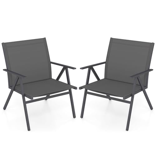 COSTWAY Gartenstühle 2er Set, Balkonstühle mit breiter Sitzfläche und atmungsaktivem Stoff, Terrassenstühle mit Armlehnen, bis 160 kg belastbar, für Garten, Terrasse, Balkon, Grau von COSTWAY
