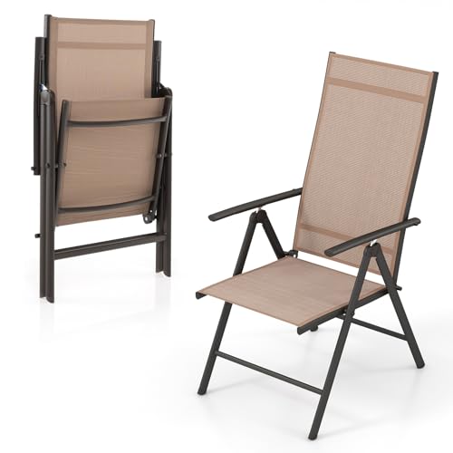 COSTWAY Gartenstuhl Hochlehner, Klappstuhl mit 7-Fach Verstellbarer Rückenlehne, klappbarer Balkonstuhl bis 180 kg belastbar, Terrassenstuhl für Garten, Terrasse, Balkon (Braun) von COSTWAY