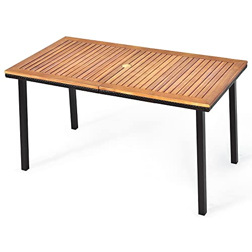 COSTWAY Gartentisch mit Schirmloch, Esstisch für 6-8 Personen, Terrassentisch mit Tischplatte aus Akazienholz, rechteckiger Holztisch, 140 x 75 x 76 cm von COSTWAY