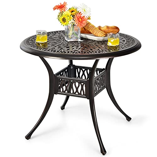 COSTWAY Gartentisch mit Schirmloch, Ø 90 cm, runder Balkontisch aus Aluminiumguss, wetterfester Terrassentisch für Garten, Terrasse, Balkon, antike Optik, 90 x 90 x 72 cm von COSTWAY