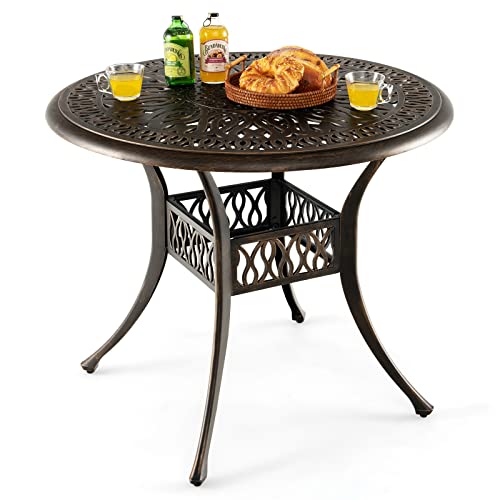 COSTWAY Gartentisch mit Schirmloch, Ø 90 cm, runder Balkontisch aus Aluminiumguss, wetterfester Terrassentisch für Garten, antike Optik, 90 x 90 x 74 cm von COSTWAY