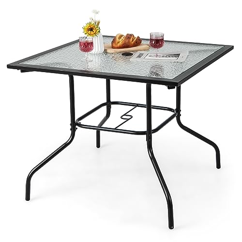 COSTWAY Gartentisch mit Schirmloch, 89x89x72cm, Terrassentisch mit Tischplatte aus gehärtetem Glas und Metallrahmen, quadratischer Balkontisch, Outdoor-Esstisch für Hof, Terrasse, Garten von COSTWAY