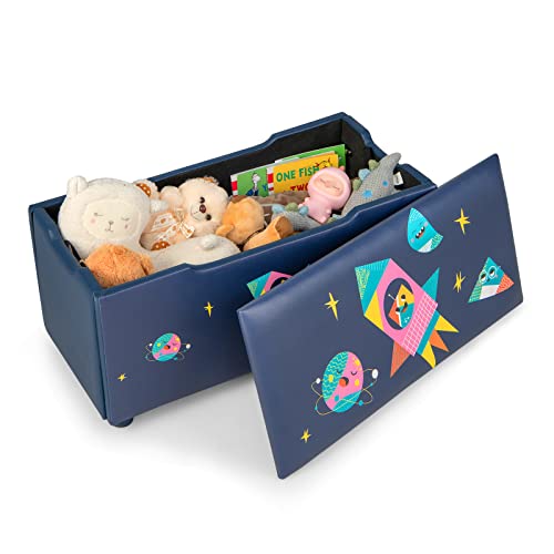 COSTWAY Gepolsterte Spielzeugkiste, Kinder Aufbewahrungsbox mit abnehmbarem Deckel, vielseitige Spielzeugbank mit Raketen & Planetenmuster, für Wohnzimmer, Kinderzimmer, Kindergarten (Marineblau) von COSTWAY