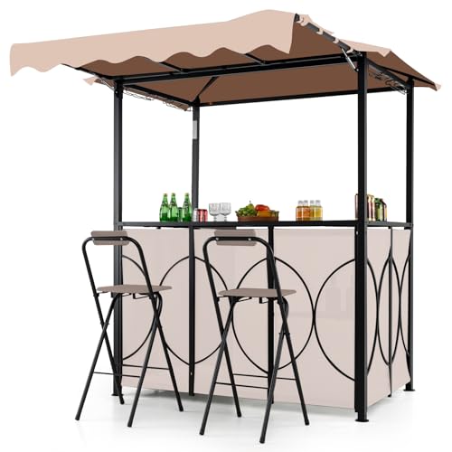 COSTWAY Grillpavillon mit Bar, 2 Barhockern, Gartenpavillon mit Doppeldach & Markise, 3-teiliges Bar-Set: 1 Tisch, 2 Barstühle, Metallregalen, Grillüberdachungen wetterfest, 193x117x240cm (Braun) von COSTWAY