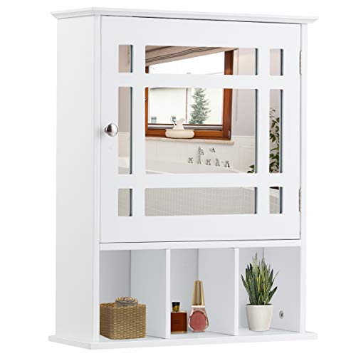 COSTWAY Hängeschrank, Spiegelschrank, Badezimmerschrank, Wandschrank, Badschrank, Badezimmer Schrank, Badhängeschrank mit verstellbarem Einlegeboden und 3 offenen Fächern (White) von COSTWAY