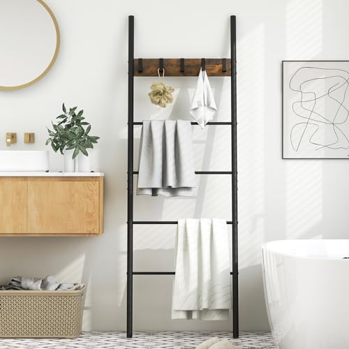 COSTWAY Handtuchleiter 180 x 60 cm, Handtuchständer mit 5 abnehmbare Haken, Leiterregal platzsparend, Garderobe Leiter mit Metallrahmen, Vintage von COSTWAY