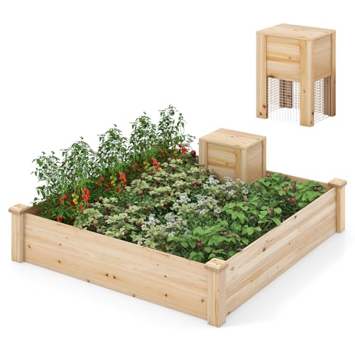 COSTWAY Hochbeet groß, Gartenbeet mit Kompostbehälter, quadratisches Pflanzkasten aus Holz, 300 L kapazität, Pflanzenbeet Frühbeet für Balkon Garten Terrasse, 124 x 124 x 25,5 cm, Natur von COSTWAY