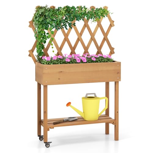 COSTWAY Hochbeet mit Ablage & Spalier, Blumenbeet auf Rollen, Pflanzkasten mit Stoffauskleidung, Holz, Blumenkasten mit Rankgitter für Kletterpflanzen, Garten Balkon Terrasse, 90 x 29 x 129 cm von COSTWAY