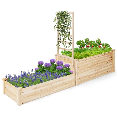 COSTWAY Hochbeet mit Rankgitter, Blumenkasten mit Spalier, Pflanzkasten aus Tannenholz, Gartenspalier mit Rankkasten, Blumenkübel für Kletterpflanze Balkon Garten Terrasse, Natur, 223x64x134 cm von COSTWAY