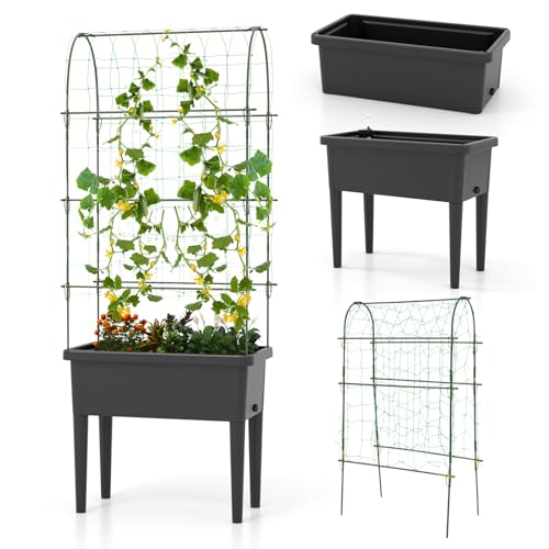 COSTWAY Hochbeet mit Rankgitter, selbstbewässernd, Gartenbeet mit Spalier & Wasserstandsanzeige & Nylon-Netz, Rankhilfe Set & Pflanzkasten & Frühbeet, Balkon Garten Terrasse, 76x37x189cm von COSTWAY