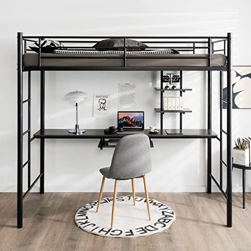COSTWAY Hochbett mit Schreibtisch, Etagenbett mit 2 Leitern, Stockbett aus Metall, Bettrahmen für Teenager und Erwachsene (Schwarz) von COSTWAY