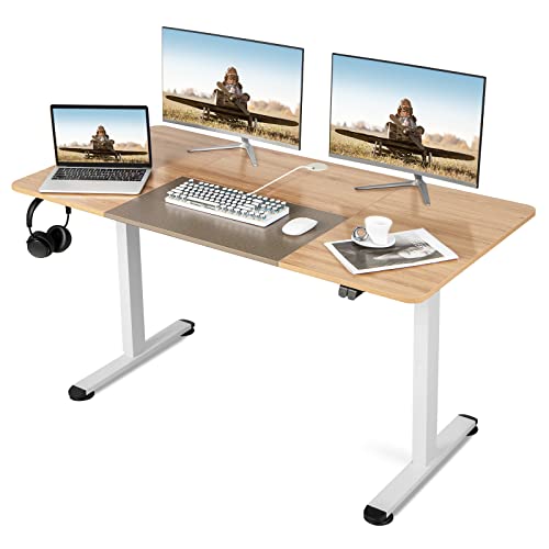 COSTWAY Höhenverstellbarer Schreibtisch, elektrischer Computertisch 140 x 70 cm, mit Stopp-Mechanismus, inkl. Kabelhaterung & Haken, ideal für Homeoffice und Büro (Eiche) von COSTWAY