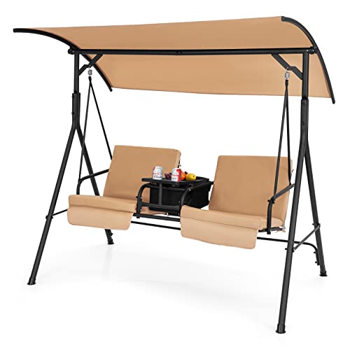 COSTWAY Hollywoodschaukel mit Kühltasche, drehbarem Tablett und abnehmbaren Kissen, 2-Sitzer Gartenschaukel mit verstellbarem Dach, Schaukelbank für Garten, Terrasse & Hinterhof, 181 x 124 x 161,5 cm von COSTWAY