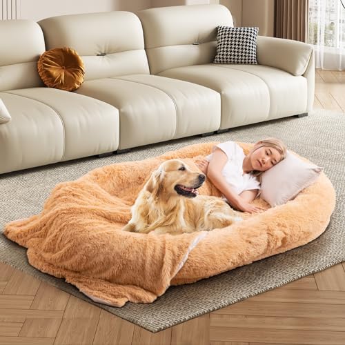 COSTWAY Hundebett für Menschen und Hunde, riesiges Human Dog Bed mit Kissen, Decke, Riemen, flauschig | waschbar | Abnehmbarer Bezug, Haustierbett für große Hunde Erwachsene, 171x115cm, Oval (Braun) von COSTWAY