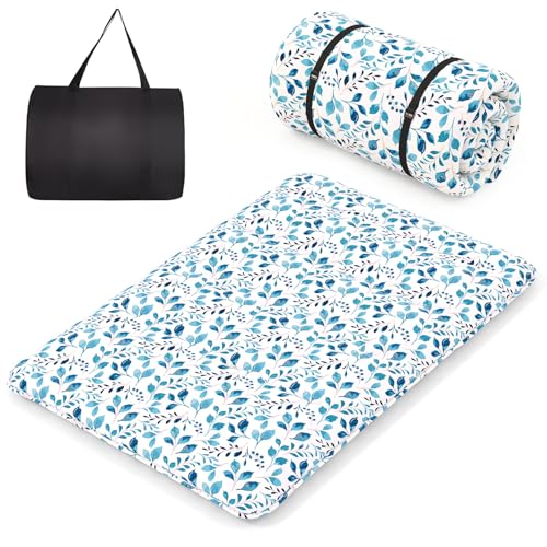 COSTWAY Japanische Futon Matratze, Tatami-Matte, Bodenmatratze, Klappmatratze mit waschbarem Bezug, Faltbare Schlafmatte mit Tragetasche, Beige, 90 x 200 cm (140 x 200 cm,Blaublatt) von COSTWAY