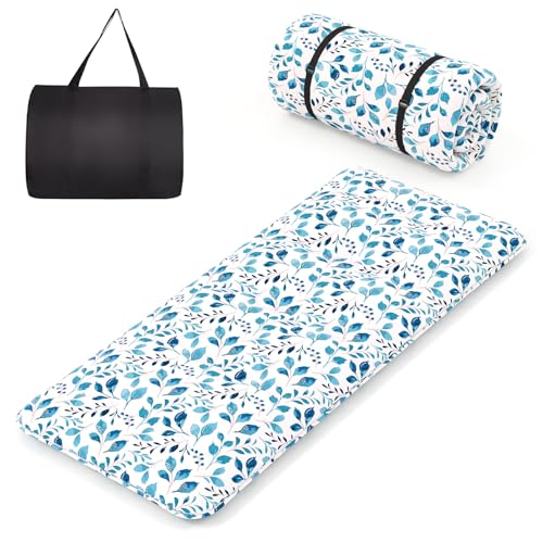 COSTWAY Japanische Futon Matratze, Tatami-Matte, Bodenmatratze, Klappmatratze mit waschbarem Bezug, Faltbare Schlafmatte mit Tragetasche, Beige, 90 x 200 cm (90 x 200 cm,Blaublatt) von COSTWAY