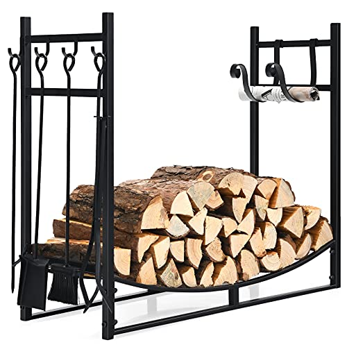 COSTWAY Kaminholzregal mit 4 Kaminbesteck & Anzündholzhaltern, Brennholzregal für Innen und Aussen, Feuerholzregal Metall, Kaminholzständer, 90 x 33 x 76 cm von COSTWAY