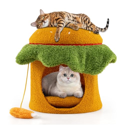 COSTWAY Katzenhaus mit Höhle, Hamburgerförmig, Katzenhöhle mit waschbarem weichem Kissen, großem Katzenbett & Spielzeug, Schlafplatz für kleine Katzen, Indoor Katzenmöbel, Orange COSTWAY Katzenhaus mit Höhle, Hamburgerförmig, Katzenhöhle mit waschbarem weichem Kissen, großem Katzenbett & Spielzeug, Schlafplatz für kleine Katzen, Indoor Katzenmöbel, Orange von COSTWAY