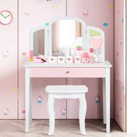 Costway - Kinder 2 in 1 Schminktisch Set, Frisiertisch mit dreifach klappbarem Spiegel & Schublade, Kosmetiktisch mit Schminkhocker, Schminkkommode von COSTWAY