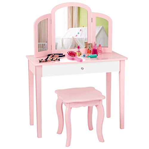 COSTWAY Kinder 2 in 1 Schminktisch Set, Frisiertisch mit dreifach klappbarem Spiegel & Schublade, Prinzessinnen Kosmetiktisch mit Schminkhocker, Schminkkommode Kindertisch für Kinder Mädchen (Rosa) von COSTWAY