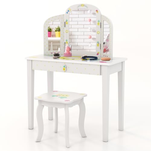 COSTWAY 2 in 1 Kinder Schminktisch Set, Frisiertisch mit dreifach klappbarem Spiegel & Schublade, Prinzessinnen Kosmetiktisch mit Schminkhocker, Schminkkommode Kindertisch für Kinder Mädchen (Ananas) von COSTWAY