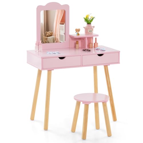 COSTWAY Kinder Schminktisch Set, 2 in 1 Frisiertisch Schreibtisch & Hocker mit abnehmbarem Spiegel, 2 Schubladen, Kamm, Schminkkommode Holz für Mädchen im Alter von 3-7 Jahren (Rosa) von COSTWAY