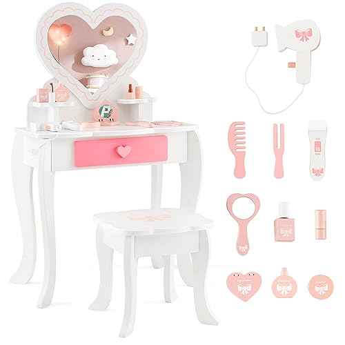 COSTWAY Kinder Schminktisch Set, 2-in-1-Frisiertisch mit herzförmigem Spiegel, Hocker, Schublade & Zubehör, Kosmetiktisch Schminkkommode für Kinder ab 3 Jahren von COSTWAY