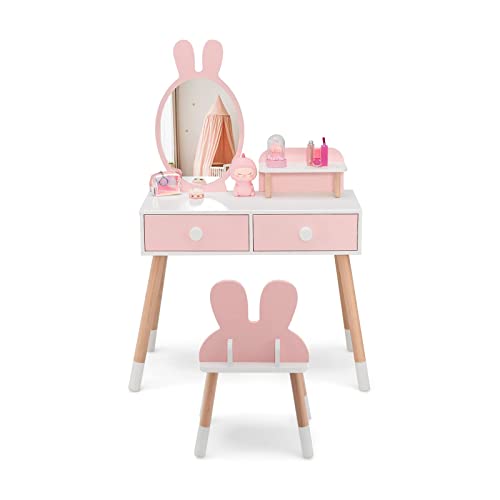 COSTWAY Kinder Schminktisch Set mit Kaninchen Design, 2-in-1-Frisiertisch mit Spiegel, 2 Schubladen & Ablage, Schminkset mit Massivholzbeinen für Mädchen (Rosa) von COSTWAY