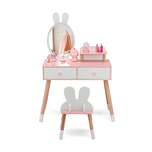 COSTWAY Kinder Schminktisch Set mit Kaninchen Design, 2-in-1-Frisiertisch mit Spiegel, 2 Schubladen & Ablage, Schminkset mit Massivholzbeinen für Mädchen (Weiß) von COSTWAY
