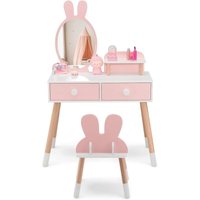 Kinder Schminktisch Set mit Kaninchen Design, 2-in-1-Frisiertisch mit Spiegel, 2 Schubladen & Aufbewahrungsregal, Schminkset mit Massivholzbeinen für von COSTWAY