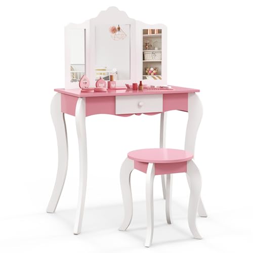 COSTWAY 2 in 1 Kinder Schminktisch mit Hocker, Frisiertisch mit 3-Fach abnehmbarem Spiegel & Schublade, Kosmetiktisch Mädchen aus Holz, 68x42x100cm (Rosa+Weiß) von COSTWAY