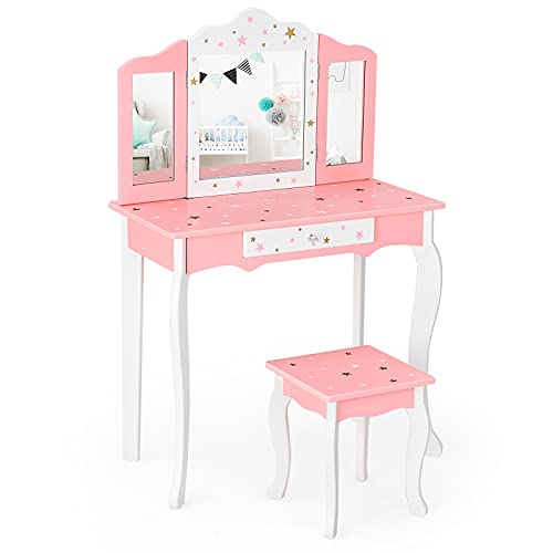 COSTWAY Kinder Schminktisch mit Hocker, Prinzessin Frisiertisch mit Schublade & 3-Fach klappbarer Spiegel, Frisierkommode rosa weiß, Schminkkommode für Mädchen von COSTWAY