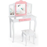 COSTWAY Kinder Schminktisch mit Hocker, Prinzessin Frisiertisch mit Schublade & 3-Fach klappbarer Spiegel, Frisierkommode rosa weiss, Schminkkommode von COSTWAY