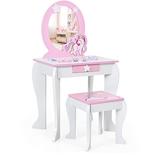 COSTWAY Kinder Schminktisch mit Hocker, Prinzessin Frisiertisch mit Schublade und Abnehmbarer Spiegel, Frisierkommode rosa, Schminkkommode für Mädchen von 3-7 Jahren (Weiß) von COSTWAY