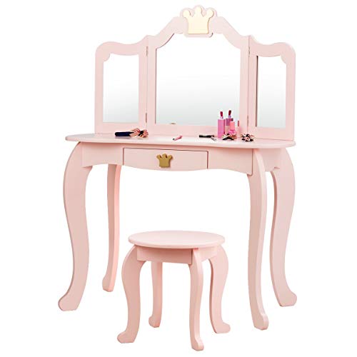 COSTWAY Kinder Schminktisch mit Hocker und Abnehmbarer Spiegel, Mädchen Frisiertisch Holz, Kindertisch mit Schublade, Spiegeltisch 80x42x105cm (Rosa) von COSTWAY