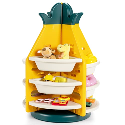 COSTWAY Kinder Spielzeugregal drehbar, Kinderzimmerregal mit 8 Kunststoff Aufbewahrungsboxen in Ananasform, 3 Ebenen Spielzeugaufbewahrung 74 x 74 x 106 cm von COSTWAY